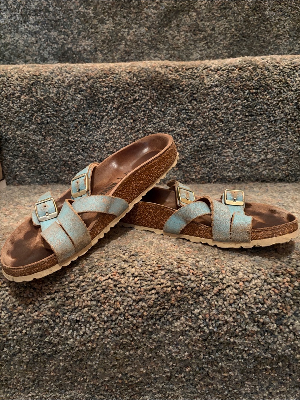 Birkenstock Double Buckle Slide Sandals in Light Blue turquoise